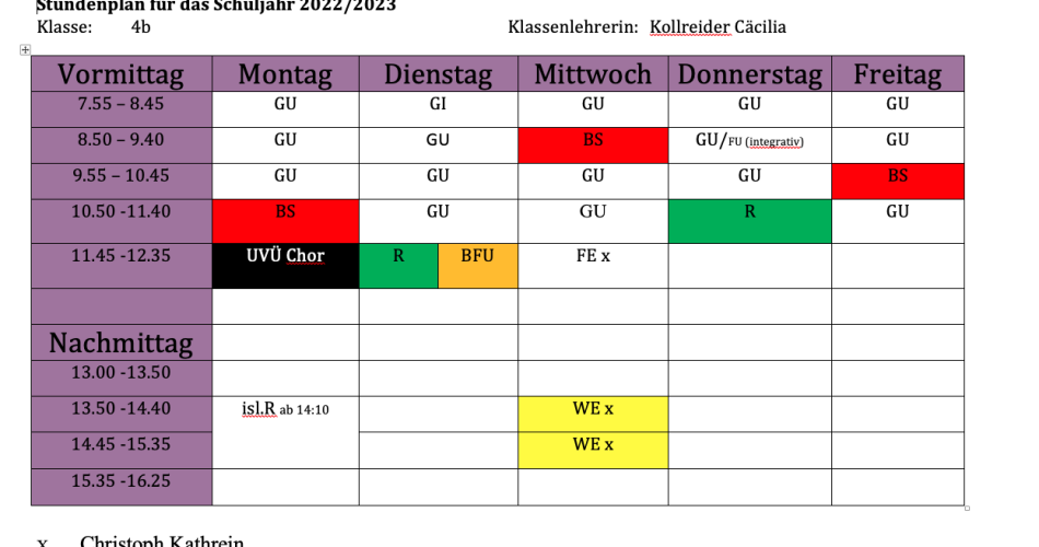 Stundenplan 4b